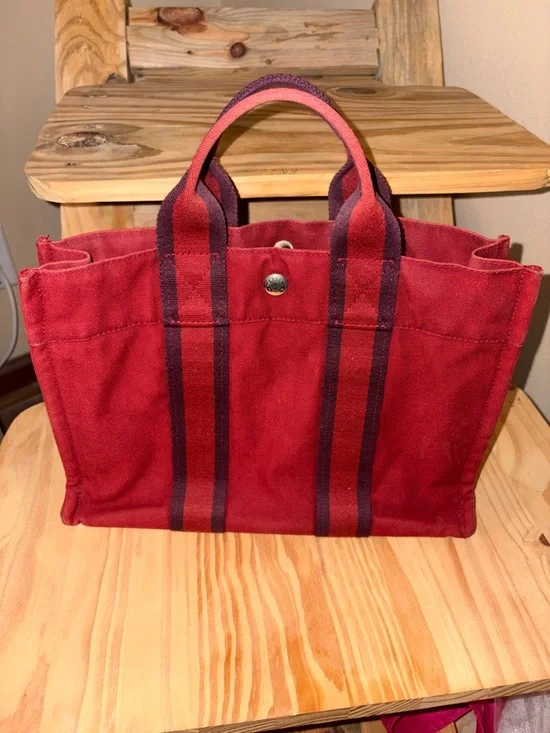 Hermes Fourre Tout PM Red Canvas Tote with Dark Stripe Handles EUC Vintage - Picture 8 of 13
